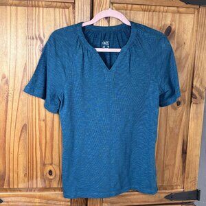 Denim & Co. Women's XXS Teal V-Neck Raglan Sleeve T-Shirt Cotton Blend Top